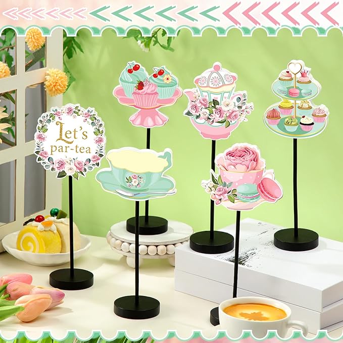 6 Pcs Tea Party Table Decor Tea Party Decoration for Table Centerpieces Let's Par-Tea Wooden Standing Signs Tabletop Decor for Home Office Room Desk Party Supplies