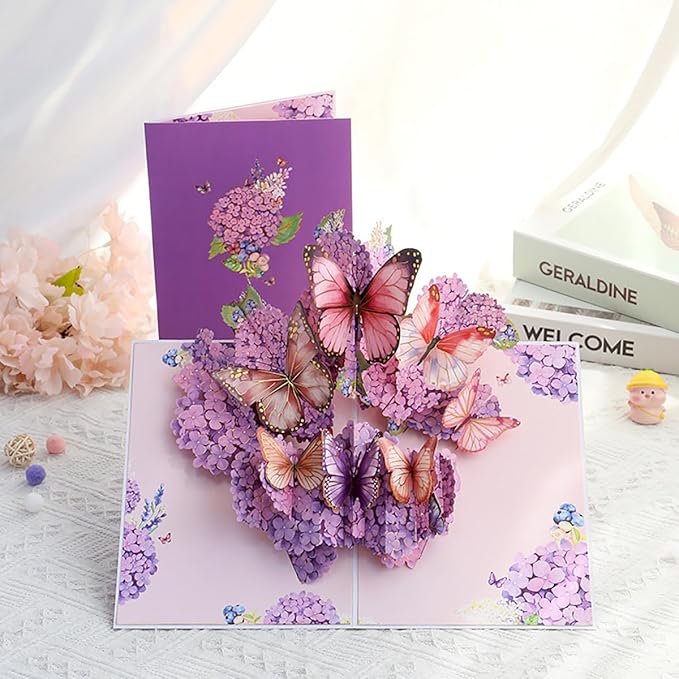 Purple Hydrangea and Butterfly Pop-Up Card, Romantic Floral Greeting Card, Butterflies Flower Card for Birthdays, Anniversaries, Weddings, Thank You, and Special Occasions