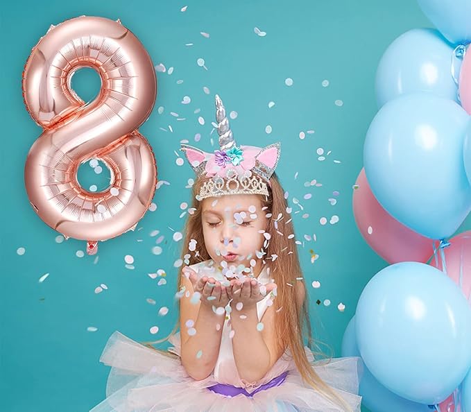8th Birthday Decorations for Girls, Including 8 year old Birthday Cake Topper, Queen Sash with Pearl Pin, Sweet Rhinestone Tiara Crown, Number Candles and Balloons Set, Rose Gold
