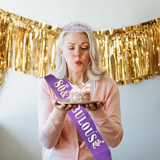Casoty Purple 80th Birthday Sash and Tiara, 80th Birthday Decorations for Women, 80 & Fabulous Sash and Crown Set, Party Supplies Favors for Women Gifts for Her