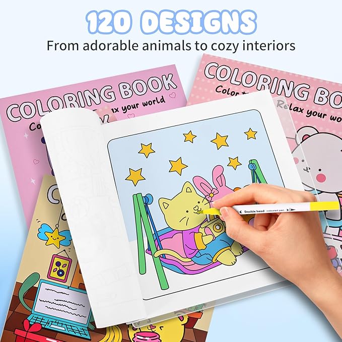 Coloring Book Set for Adults and Teens,3 PacK Easy and Simple Designs Coloring Set,Stress Relief Gifts with 36 Colors Markers &12 Pcs Glitter Markers &12 pcs Colored Pencils for adults Relaxation