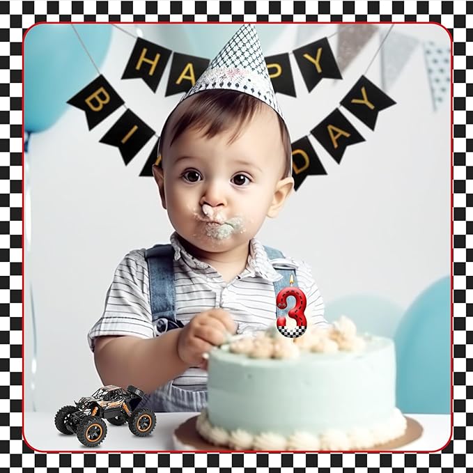 Racing Car Theme Birthday Candle with Checkered Flag Design - Durable Cake Topper for Race Car Party Decorations,Birthday Supplies - Number 3 Candle for Racing Themed Celebrations