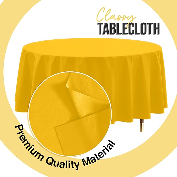 Exquisite 66% Thicker Premium Yellow Round Tablecloth 0.5 Mil 12 Pack Plastic Table Cloth Disposable 84 Inch Round Plastic Tablecloth Won't Tear Easily Like Cheap Thin Brands