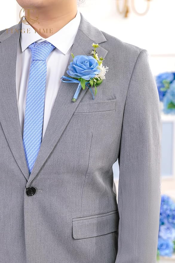 TINGE TIME Boutonniere for Men Wedding,Groom and Best Man Boutonniere for Wedding Ceremony Anniversary, Formal Dinner Party and Rustic Summer Weddings Marriage (Provence Blue)