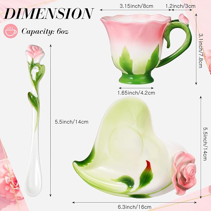 Dandat Ceramic Rose Tea Cups and Saucers with Spoon Rose Flower Shaped Cup and Sauce Set Cute Tea Cups Flower Mug Valentine Birthday Christmas Gifts for Home Office Kitchen, 6 oz(Pink)