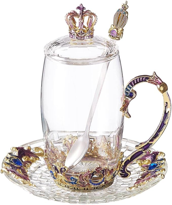 Tea Mugs for Women Purple Tea Cups with Lid Spoon Saucer Crown Glass Coffee Mug Mothers Day Gifts Thanksgiving Christmas Gift(12oz Crown)