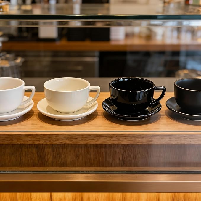 Ceramic Latte Mug, 10.82oz Barista Cup with Saucer, 7mm Thickened Rim Ceramic Cappuccino Cup, Vintage Latte Art Mug for Home & Café (Quiet Black)