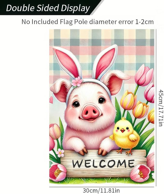 BlissYard Easter Pig Garden Flag 12x18 Inch Double Sided Yard Banner with Bunny Ears and Chick Design Spring Tulip Flower Farmhouse Outdoor Lawn Patio Decoration
