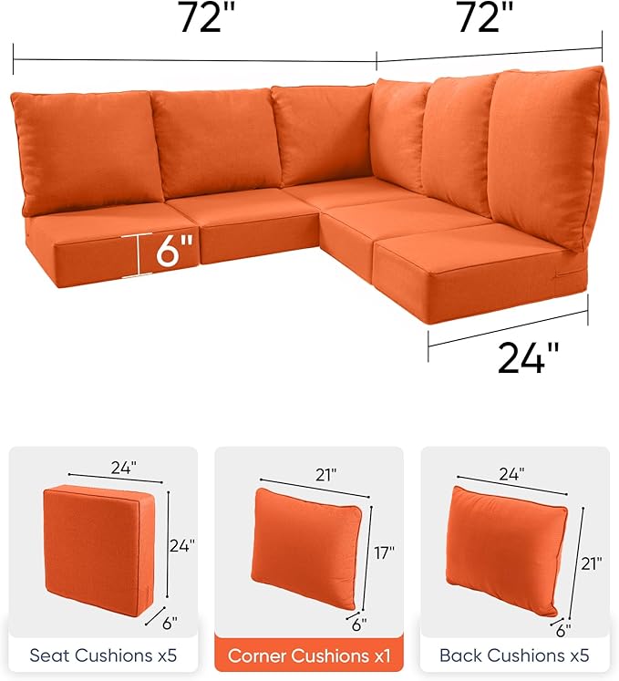 Luxury 24x24x6 Outdoor Cushions for 5-Seat Sectional Sofa Set of 5 - Water-Repellent 11-Piece Patio Cushion Set for Outside Rattan Wicker Loveseat Chair L-Shape Couch - Orange/Classic