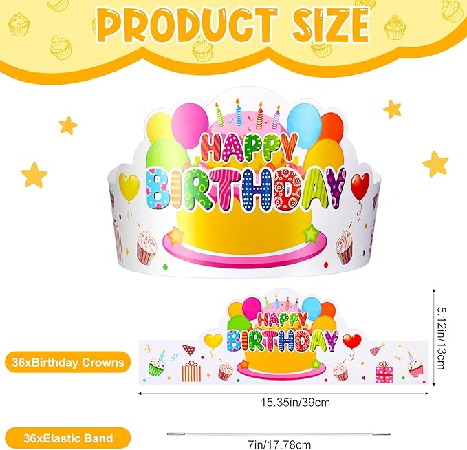 Yunsailing 36 Pcs Happy Birthday Crowns for Kids Paper Birthday Hat Crowns for Classroom Gifts Kids' Party(White)