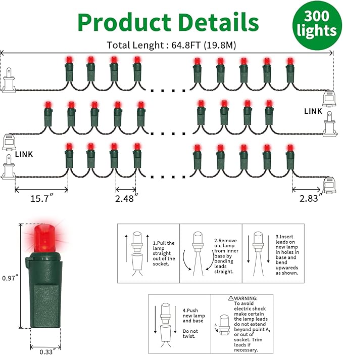 LAMPHOME Red Wide Angle LED Christmas Lights, 64.8 Ft 300 Count, Pack of 3 Strands 21.9 Ft 100 Lights UL Certified Commercial Grade Green Wire 5mm Holiday String Light