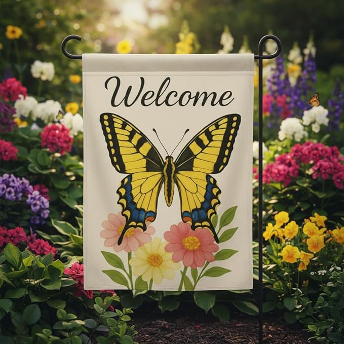 FLAGMEUP8386 Welcome Butterfly Garden Flag 12x18 Inch Double-Sided Polyester Yard Banner with Swallowtail and Floral Design, Outdoor Decoration for Pollinator Week, Labor Day and Fall Garden Refresh