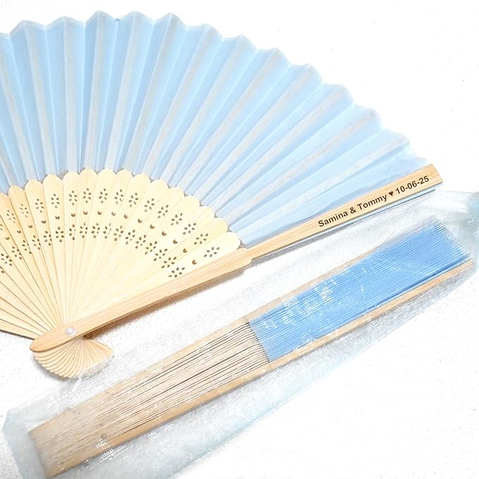 Personalized Engraved Silk Fans Folding Hand Fans with Organza Bags, 22Pcs Light Blue Summer Wedding Fans, Custom Imitated Silk-Bamboo Fans for Guests Wedding Party Favor Bridal Shower Gifts