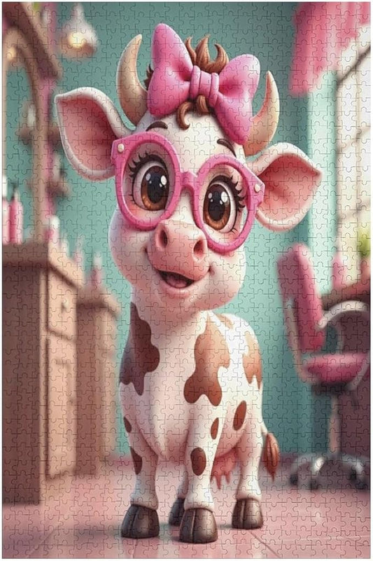 Wooden Jigsaw Puzzles - Cow with Glasses - 1000 Piece Jigsaw Puzzle for Adults Teenagers and Kids Educational Family Game，Home Decor，Suitable for Puzzle Enthusiasts and Collectors