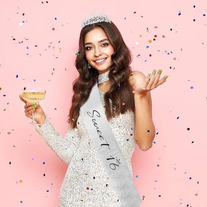 Semato Birthday Crown and Sweet 16 Sash Glitter Kit for Girls - Silver Metal Costume Circlet, Gold Shiny Cloth Sash with Pearl Pin - 16th Birthday Party Supplies and Favors
