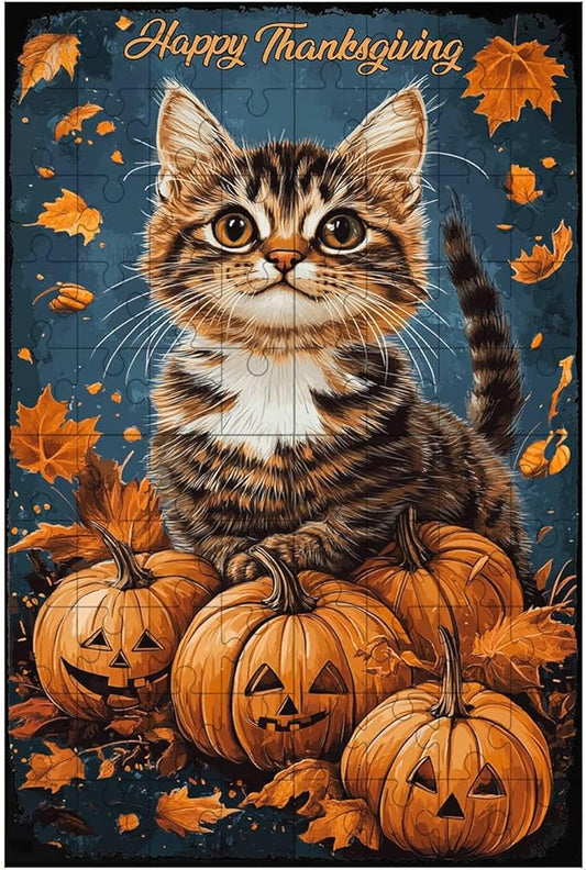 500 Pieces Wooden Jigsaw Puzzle Cat Thanksgiving Day Intellectual Decompressing Stress Relief Therapy Educational Game Collectibles DIY Toys for Family Friends 20.4x15 Inch