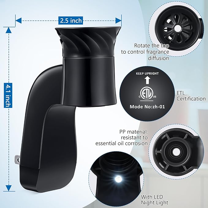 2 Pcs Wall Fragrance Plug with Night Light Compatible with Bath and Body Works WallFlower Refills (No Fragrance Included), ETL Certified, Rotatable Scent Control Plug for Home/Office (Black)
