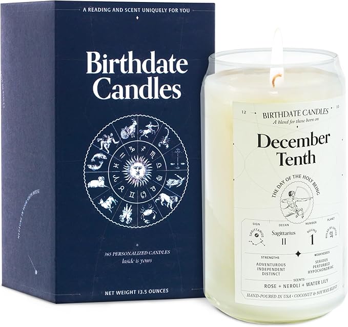 Birthdate Candles, December 10 - Sagittarius Zodiac Scented Candles Birthday Gift - Rose, Neroli & Water Lily Scent - All-Natural Soy & Coconut Wax, 60-80 Hour Burn Time - Made in USA