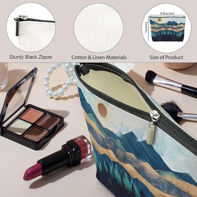 jeilink Watercolor Makeup Bag Mountain Sunshine Print -Blue Funny Christmas Birthday Gifts for Women Girl Daughter Best Friend Bestie Sister Coworker Grandma Mom Cosmetic Bag Travel Toiletry Bag