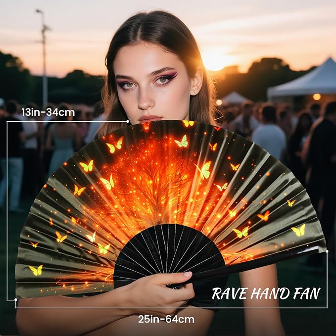 SYNTECSO Folding Hand Fan for Rave, Popping Fan for Line Dancing, Drag Queen, Women and Men Gift，Chinese Japanese UV Glow Clack Fan for Parties, Music Festivals, EDM and Decoration