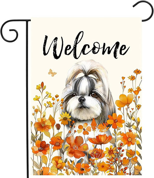 Shih Tzu Fall Garden Flag Autumn Dog Yard Sign Orange Floral Thanksgiving Outdoor Banners for Outside 12x18 Double Sided Small Wild Flower Lawn Decorations