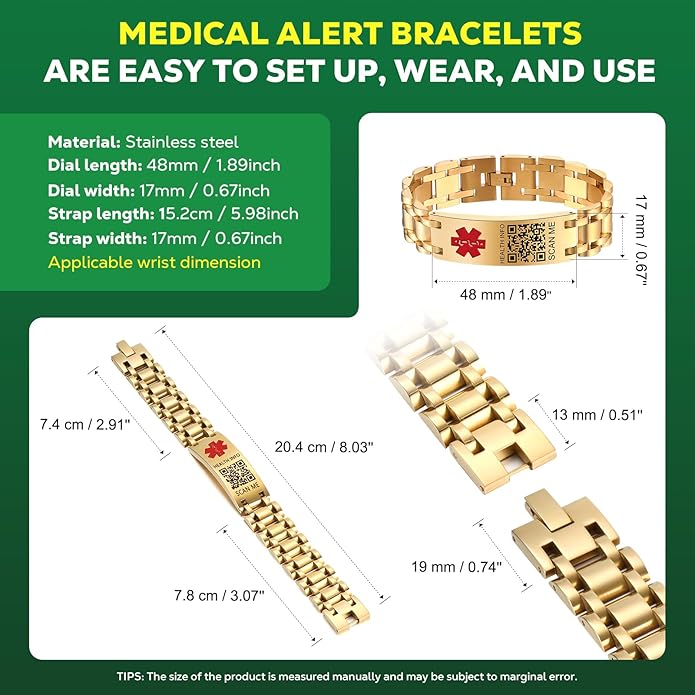 Upgraded Medical Bracelets Men Women with QR Code Medical Alert ID Bracelets - Titanium Steel Wristband Fits Wrists Up 8''-10'' - More Space Custom Emergency Med ID Info