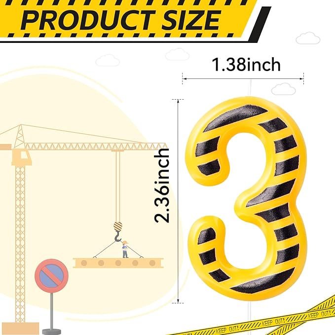 Construction Number 3 Candle, Number 3, Modern, Yellow+Black, Uniscented, Long Burning, Odorless, Indoor, All Season, Construction Themed Birthday Candle