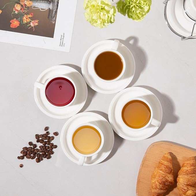 Sweejar Ceramic Espresso Cups Set of 6, Espresso Cup Stackable, 4 Oz Stackable Cappuccino Cups with Saucers and Metal Stand for Coffee Drinks, Americano, Latte, Tea (White)