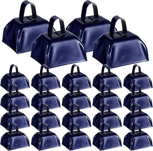 Yeshone 48 Pcs Metal Cowbells with Handles Loud Noise Makers Small Hand Percussion Cowbells for Football Events, Wedding, Graduation Team Cheering(Navy Blue)