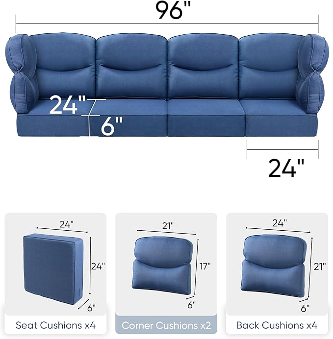 Luxury 24x24x6 Outdoor Chair Cushions Set of 4 - Water-Repellent 10-Piece Cushion Set for Outside Rattan Loveseat Chair Sectional L-Shape Sofa Patio Conversation Sets - Navy Blue/Smile