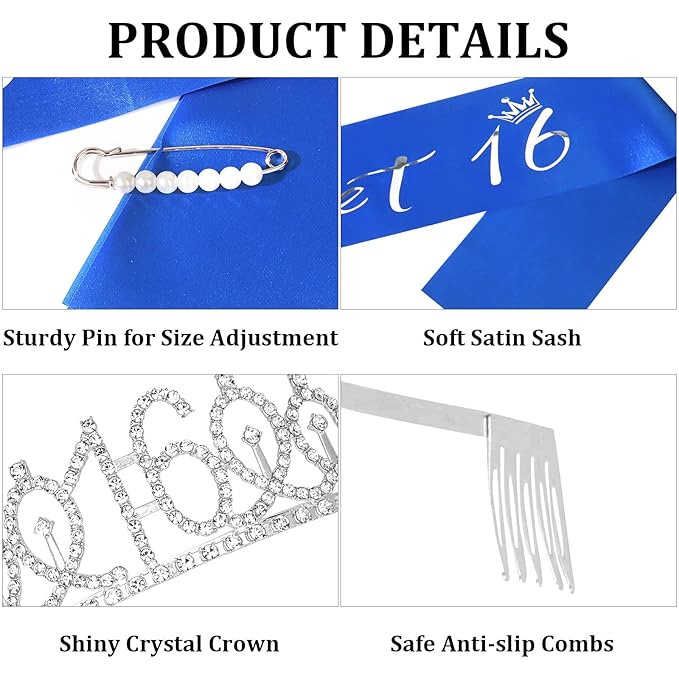 Casoty Silver Sweet 16 Birthday Sash and Crown for Girls 16th Birthday Decorations Party Supplies for Girls Sweet 16 Sash and Crown Set, Gifts for Her
