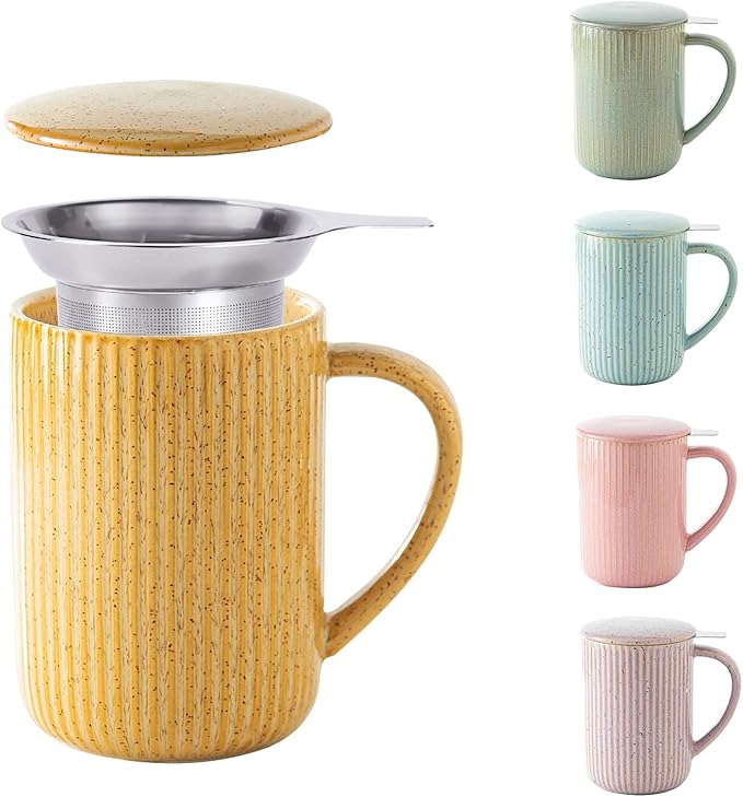 Yundu 15.5oz/470ml Flambe Cream Ceramics Teacups with Infuser and Lid, Loose Leaf Tea Cup