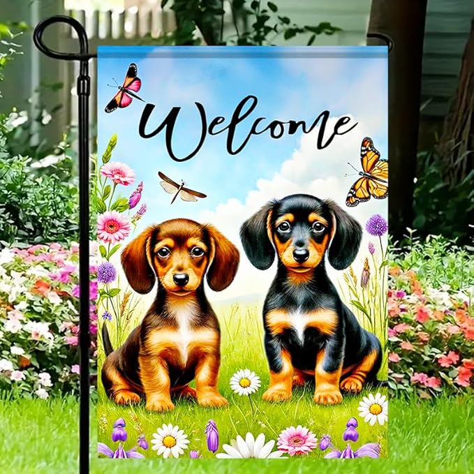 BlissYard Welcome Garden Flag Double Sided 12x18 Inch Dachshund Butterfly Seasonal Spring Small Flags For Outside Outdoor Decor Yard Farmhouse Holiday Spring Summer Decorations Yard Flags