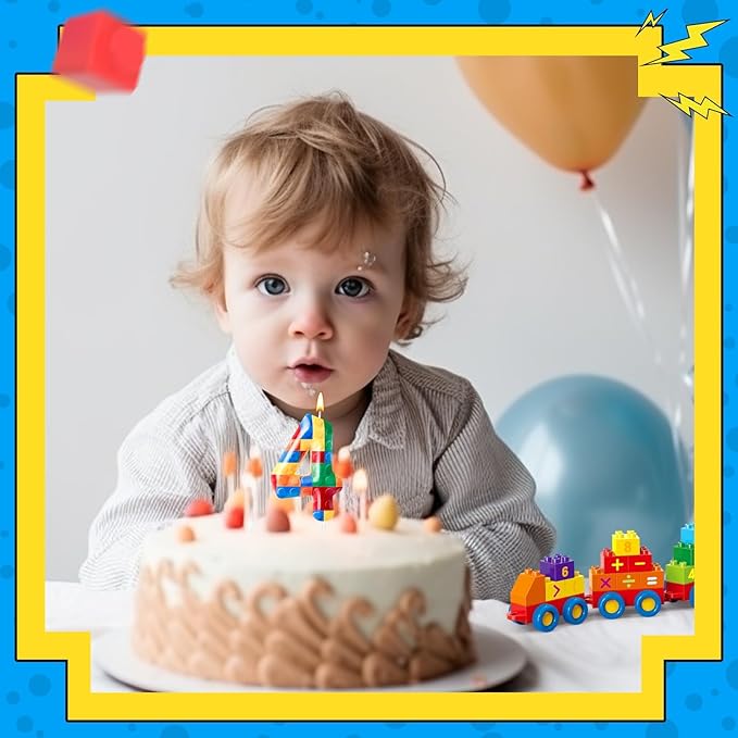 Building Block Themed Birthday Candle Number 4 Candle Birthday Party Decoration Cake Topper for Building Block Party Decoration Theme Parties Supplies (Number 4)