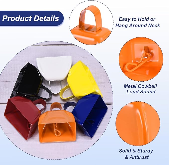 PATIKIL 16pcs Cow Bells for Football Games, 3inch Cowbells for Sporting Events Bulk Loud Noise Makers Metal Cow Bell with Handle for Cheering Competition Marathon Wedding, Orange