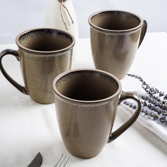 Stone Lain Stoneware Dish Set, 4 Mugs, Tina - Green and Beige