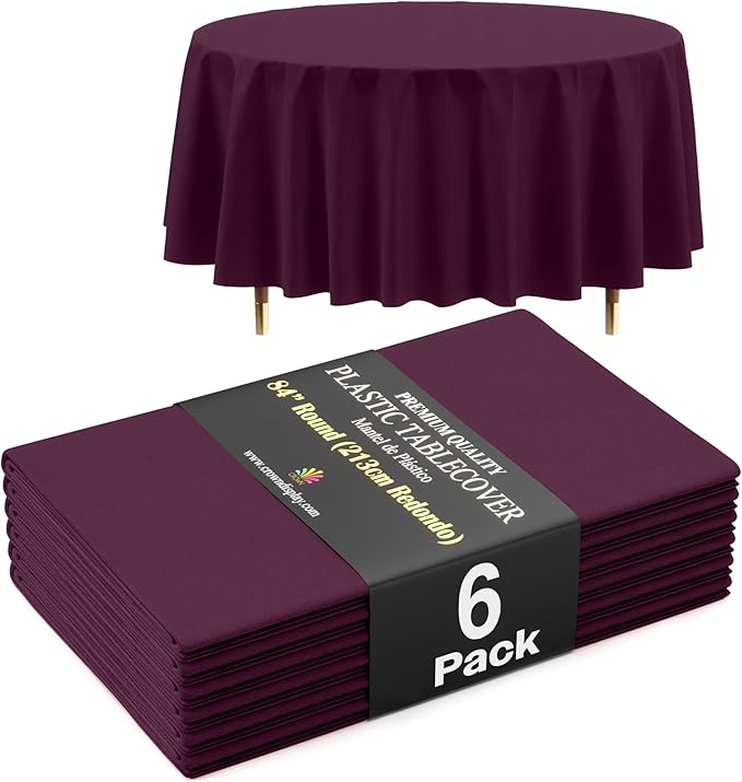 Exquisite 66% Thicker Premium Plum Round Tablecloth 0.5 Mil 6 Pack Plastic Table Cloth Disposable 84 Inch Round Plastic Tablecloth Won't Tear Easily Like Cheap Thin Brands