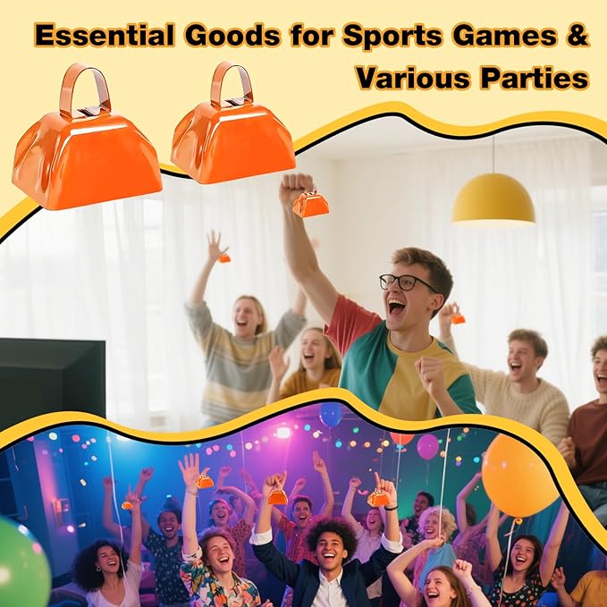 6PCS Metal Cow Bells Noisemakers, 3 Inch Loud Cow Bell Noise Makers for Sporting Events Party Favors with Handles, Great for Football Competitions, Sports Games, Celebration Parties (Orange)