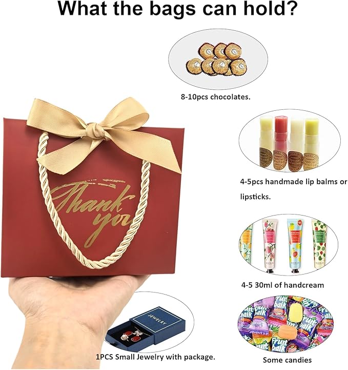 TKSBAG 100 Pack Small Thank You Gift Bags with Handles, 5.5''x 2.5''x4.7'' Mini Red Gift Bags Bulk for Baby Shower, Birthday, Wedding, Party Favors