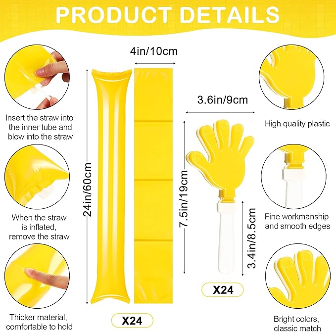 Yunsailing 96 Pcs Homecoming Noisemakers Team Spirit Accessories for Game Day Include Hand Clappers Cheerleading Pom Pom Thunder Stick Cheer Party Blower Plastic Whistle for Sport Fans(Gold)