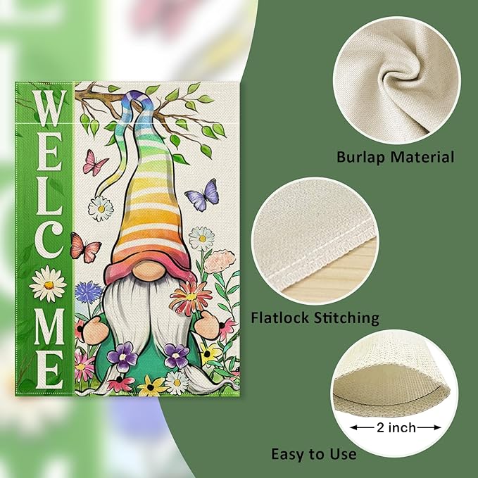 Covido Welcome Spring Summer Gnome Decorative Garden Flag, Daisy Floral Flowers Butterfly Green Rainbow Yard Outside Decorations, Farmhouse Outdoor Small Home Decor Double Sided 12 x 18