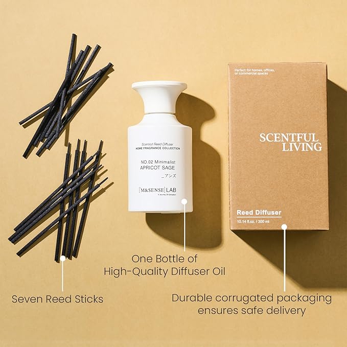 M&SENSE Reed Diffuser Set, 10.14 fl oz Large Reed Diffuser, Apricot Sage Scented with Natural Essential Oils, Long Lasting with 7 Sticks, Non-Toxic Home Fragrance Reed Diffuser for Bedroom, Bathroom