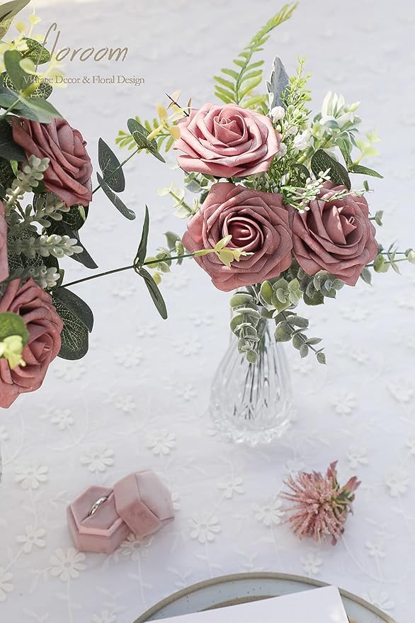 Floroom Artificial Flowers 25pcs Real Looking Dusty Rose Foam Fake Roses with Stems for DIY Wedding Bouquets Bridal Shower Centerpieces Floral Arrangements Party Tables Home Decorations