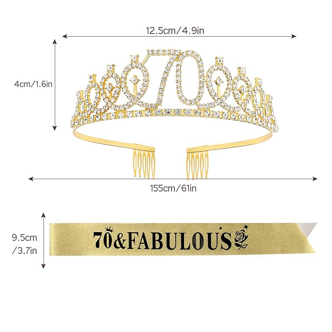 Casoty Gold 70th Birthday Decorations, 70th Birthday Sash and Tiara for Women, 70 & Fabulous Sash and Tiara, Happy 70 Birthday Party Favor Supplies for Women, 70th Gifts for Her