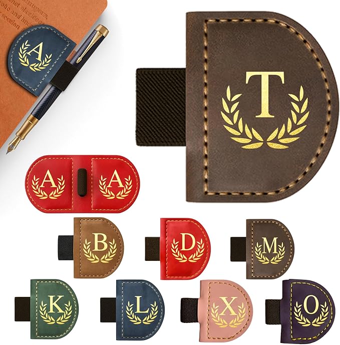 Personalized Leather Magnetic Bookmark with Pen Holder, Custom Bygone Mark Bookmark with Pen Holder, Custom Bookmarks with 26 Letters for Reading Women, Men, Teachers, Book Lovers（Coffee，T）