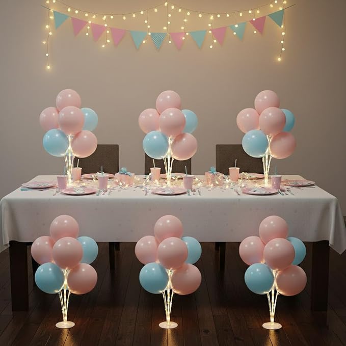 6 Set Balloon Stand Table Centerpieces with LED Lights for Party Decor, Balloons Centerpieces for Table, Balloon Stand Kit for Graduation Decorations 2025, Weddings, Birthday Decoration (Pink & Blue)