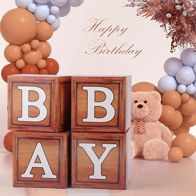 Baby Shower Decorations - Boxes with Letters for Gender Reveal (Wood) - 4 Balloon Boxes Included