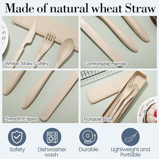 Yahenda 55 Set Reusable Travel Utensils Set with Case Wheat Straw Cutlery Portable Spoon Knife Fork Plastic Tableware Lunch Box Accessories Bulk for Adult Travel Picnic Camping Utensil(Colorful Color)