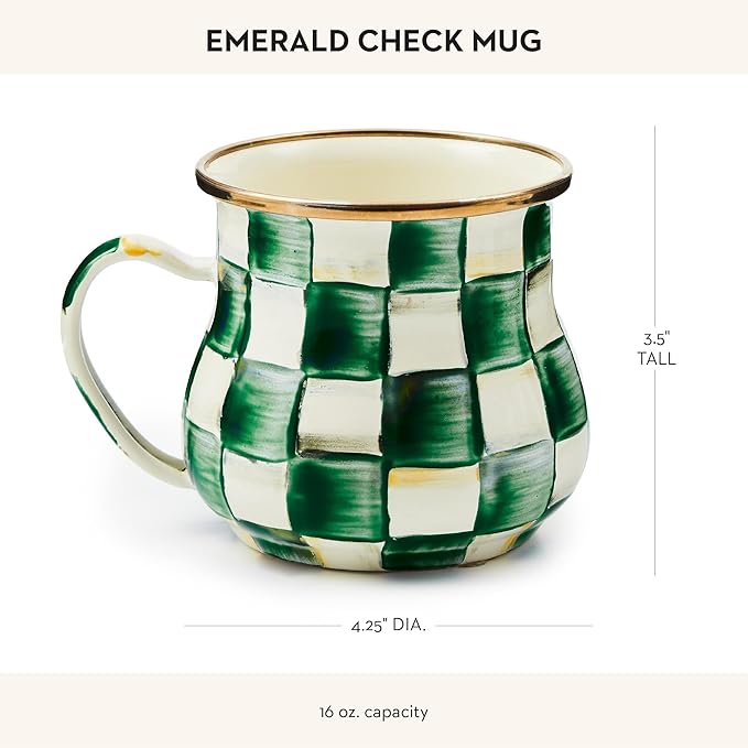 MACKENZIE-CHILDS Enamel Mug, Cute Enamelware Tea or Coffee Mug, 16 Ounces, Green-and-White Emerald Check (Pack of 2)