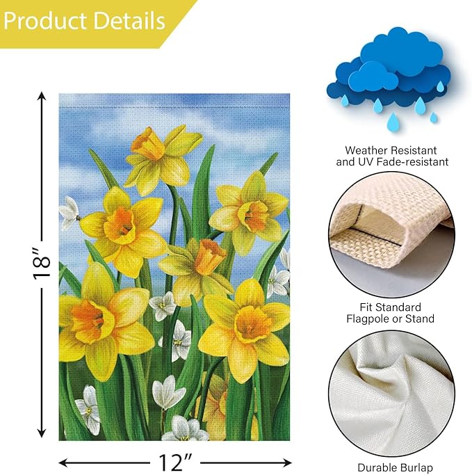 Louise Maelys Welcome Spring Summer Garden Flag 12x18 Double Sided Vertical, Burlap Small Daffodil Floral Flower Yard House Outside Outdoor House Decoration